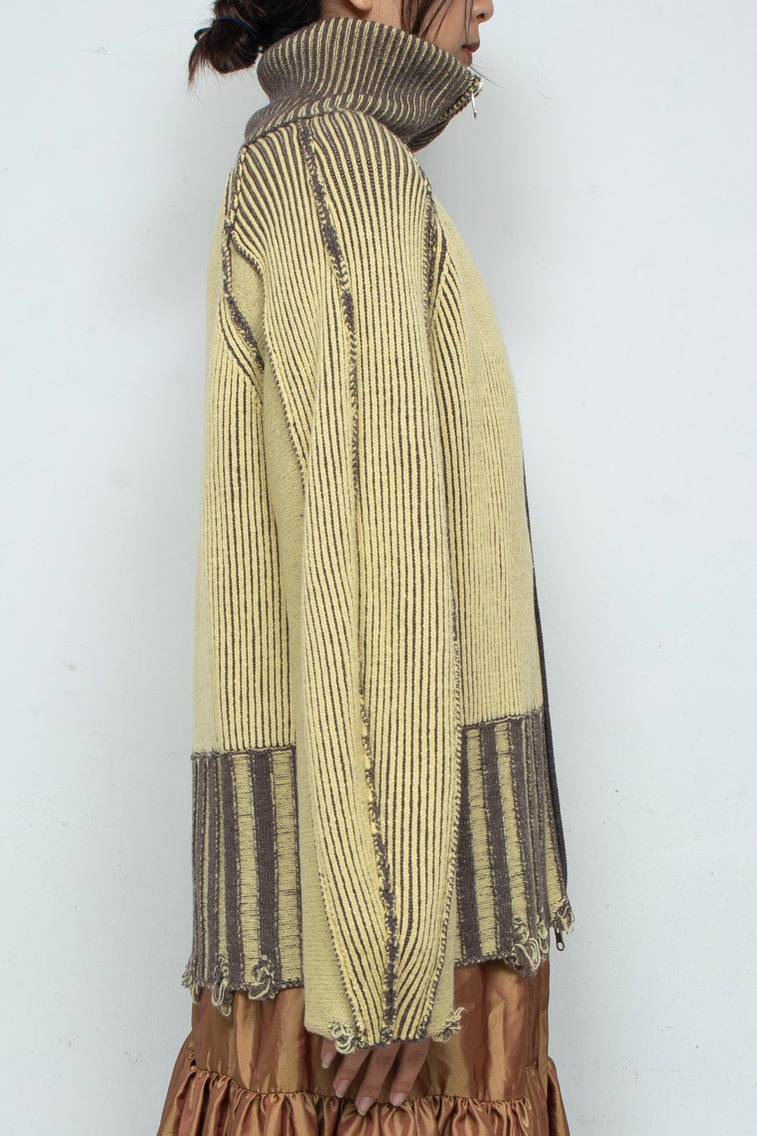 Reversible Zip knit coat Yellow×Brown