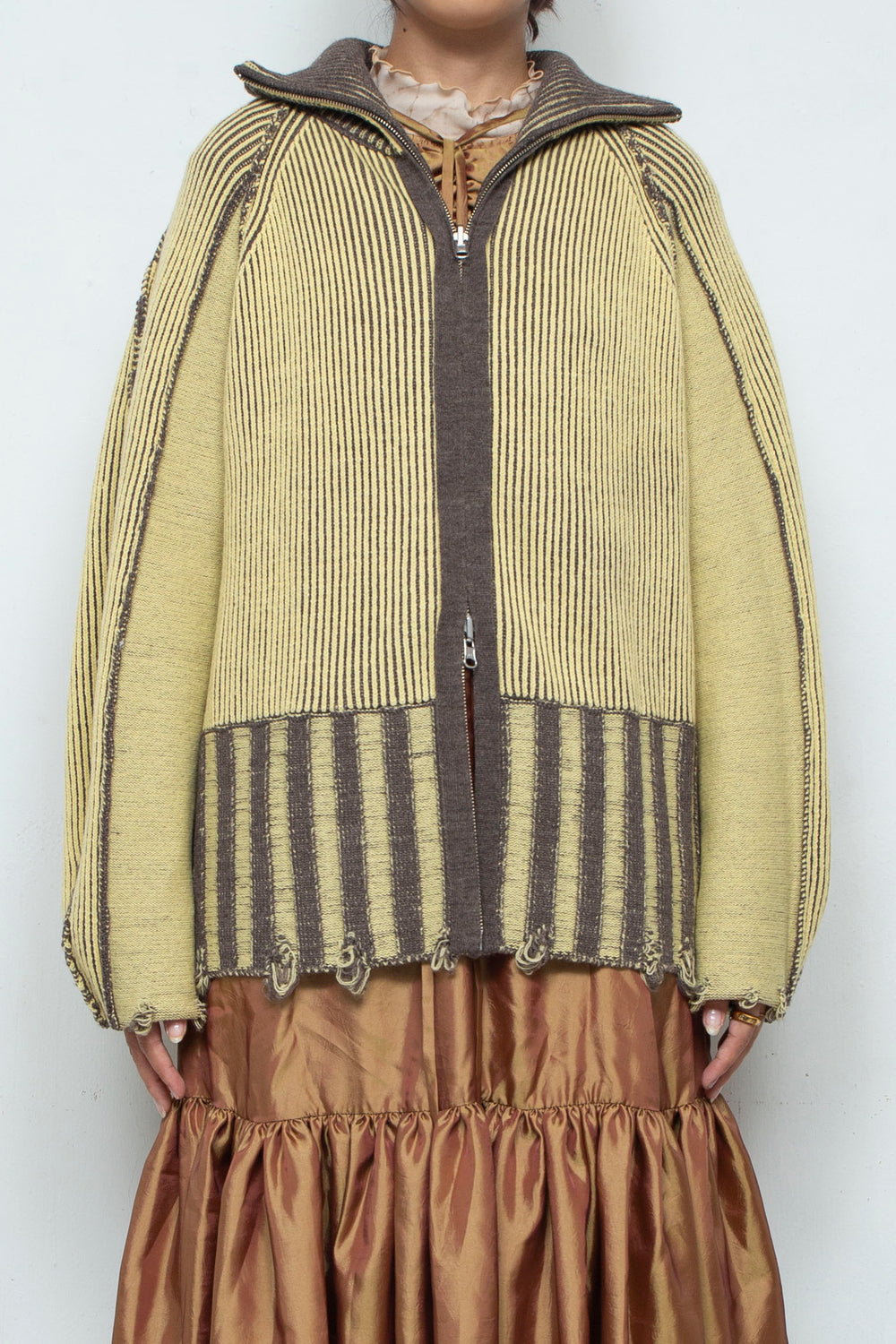 Reversible Zip knit coat Yellow×Brown