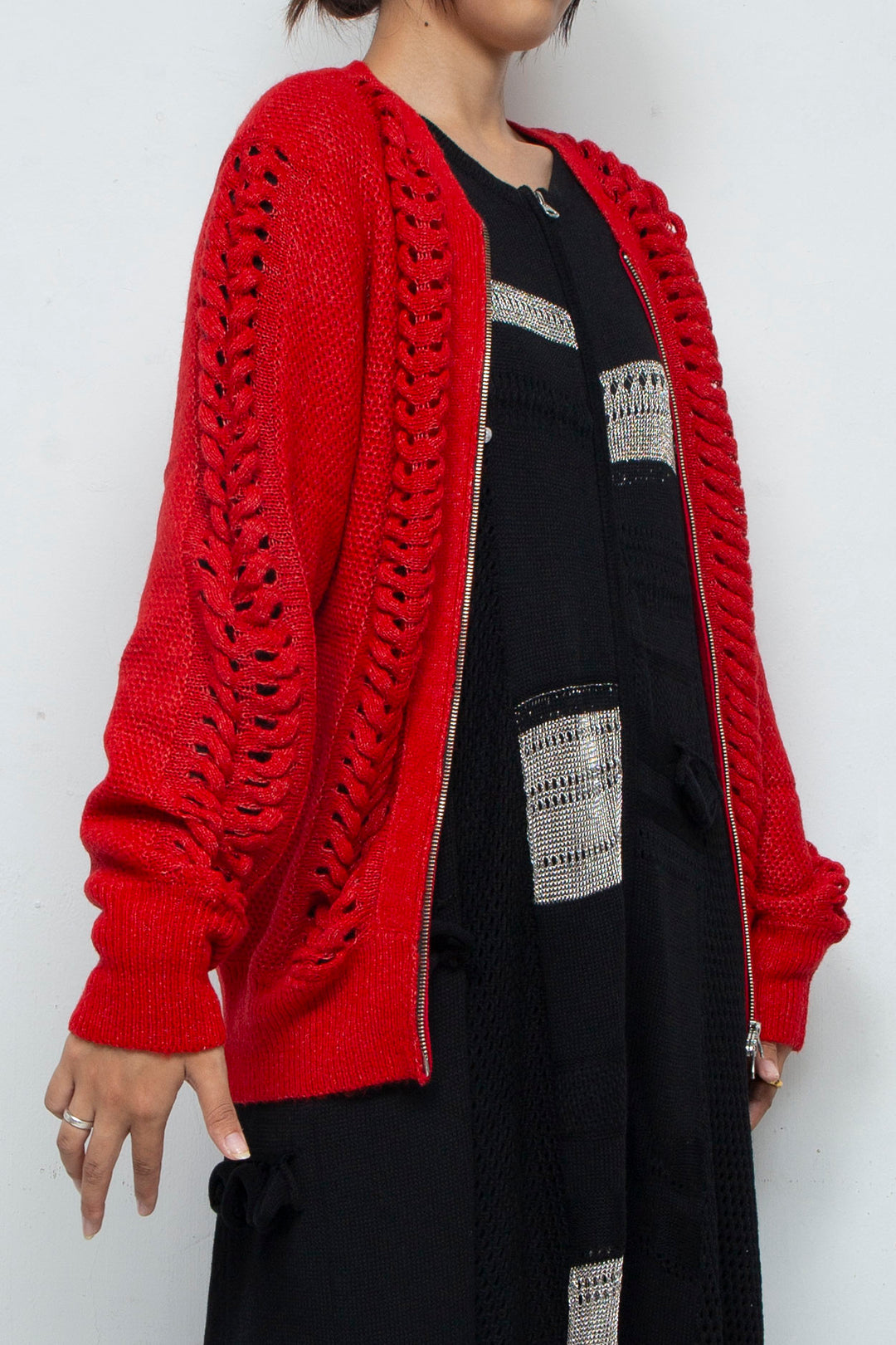 Wool Mohair Zip Knit cardigan Red