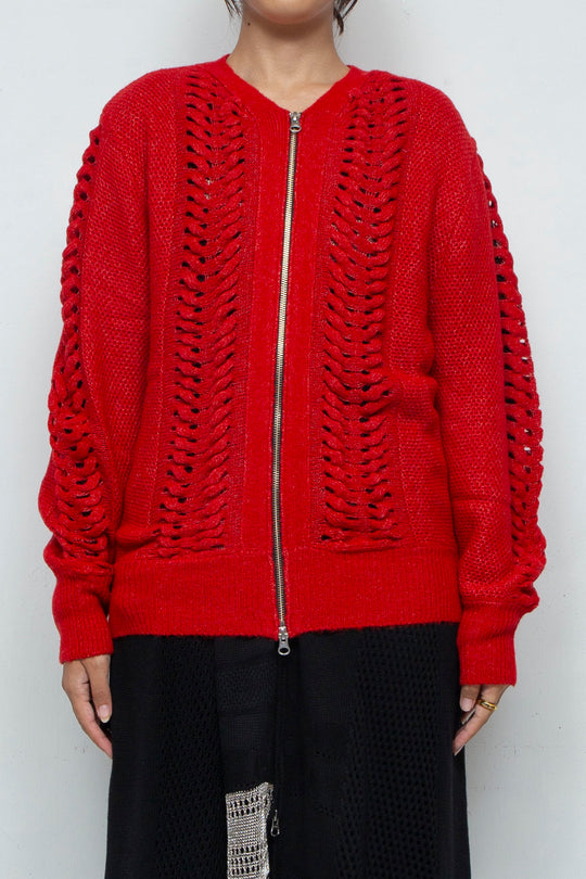 Wool Mohair Zip Knit cardigan Red