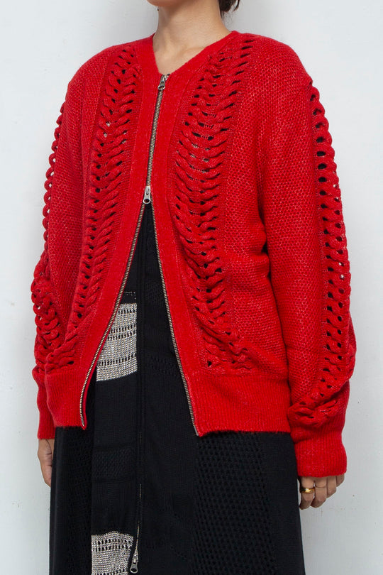 Wool Mohair Zip Knit cardigan Red