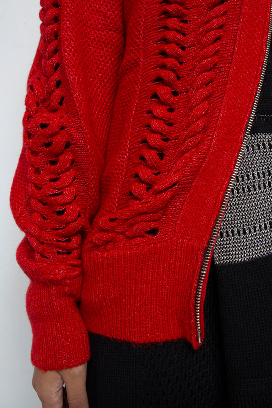 Wool Mohair Zip Knit cardigan Red