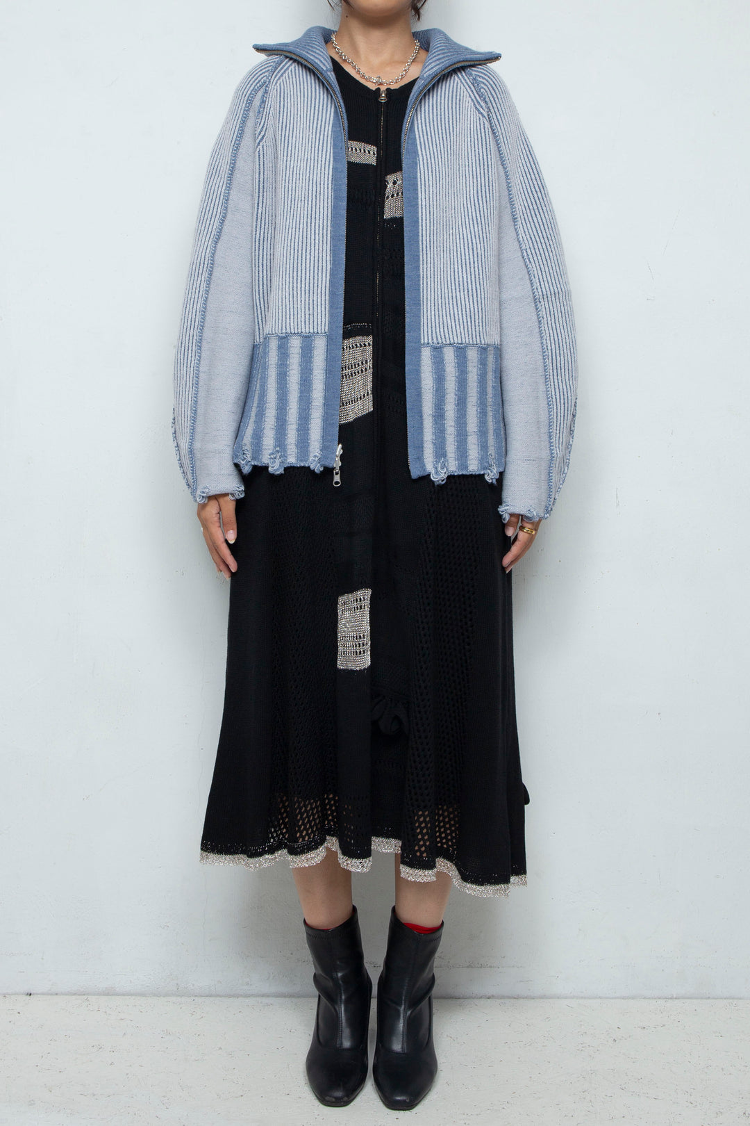 Reversible Zip knit coat Gray×Blue