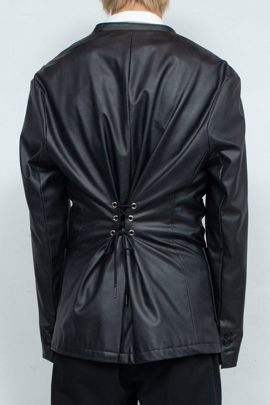 Collarless Fake Leather Jacket