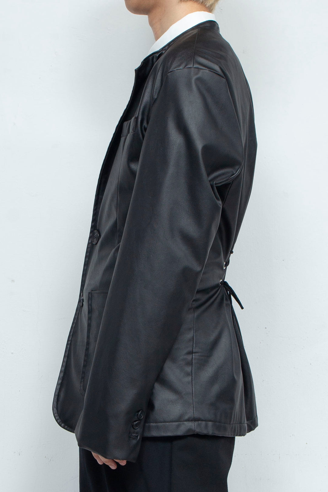 Collarless Fake Leather Jacket