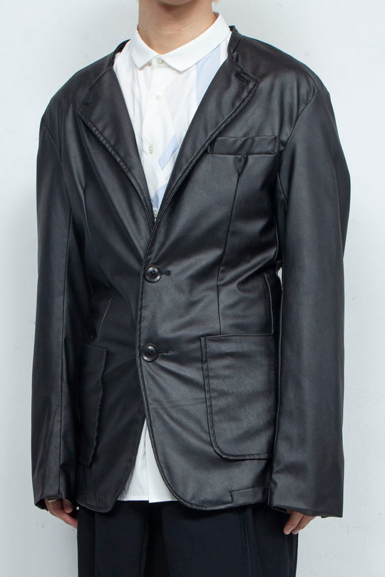 Collarless Fake Leather Jacket