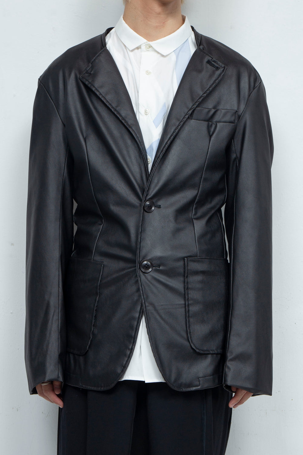 Collarless Fake Leather Jacket