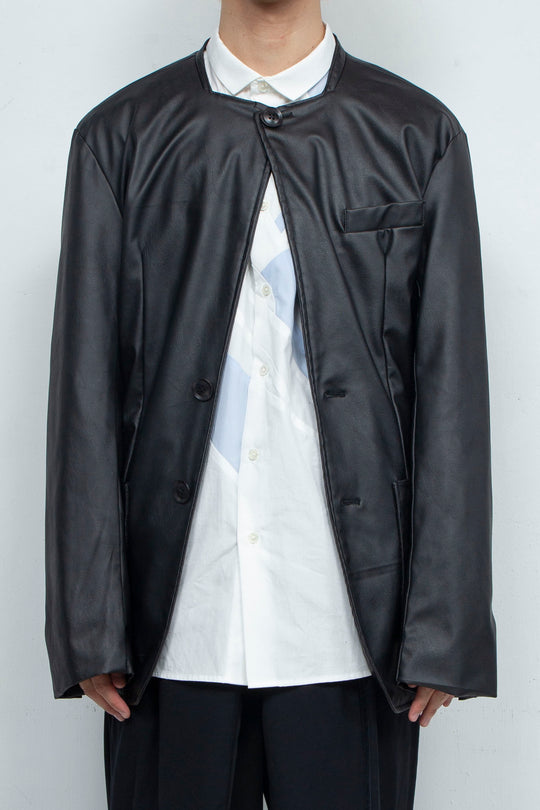 Collarless Fake Leather Jacket