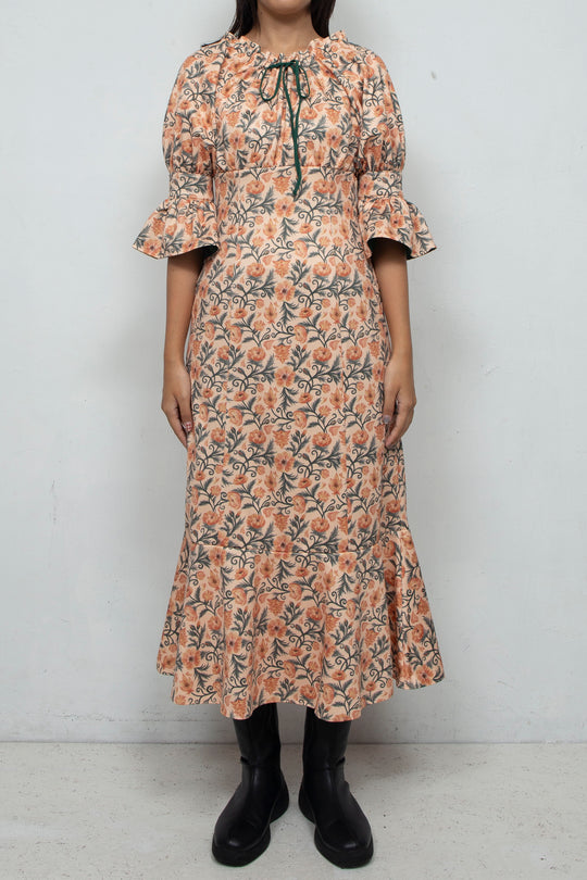 ANEMONE PRINT SMOCKING DRESS YELLOW