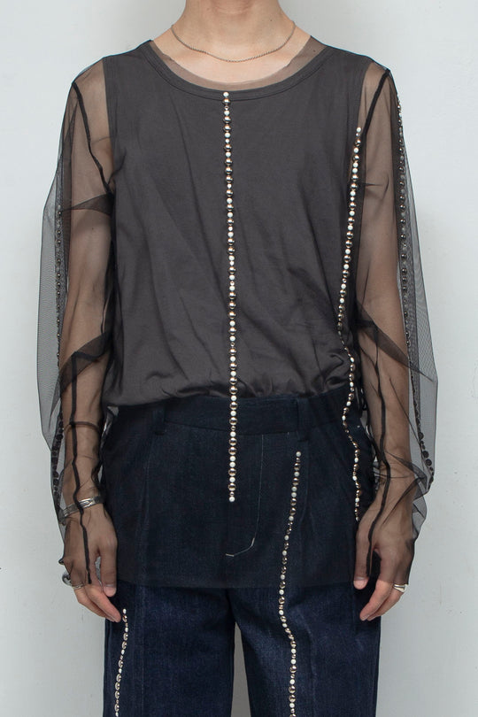 Studs Detail Sheer Tops / BLACK