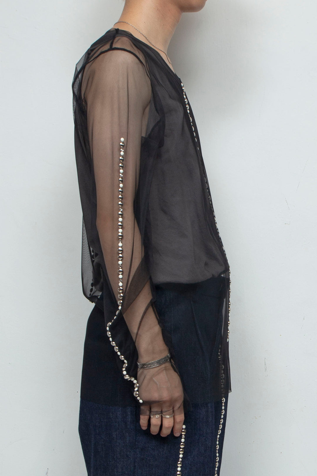 Studs Detail Sheer Tops / BLACK