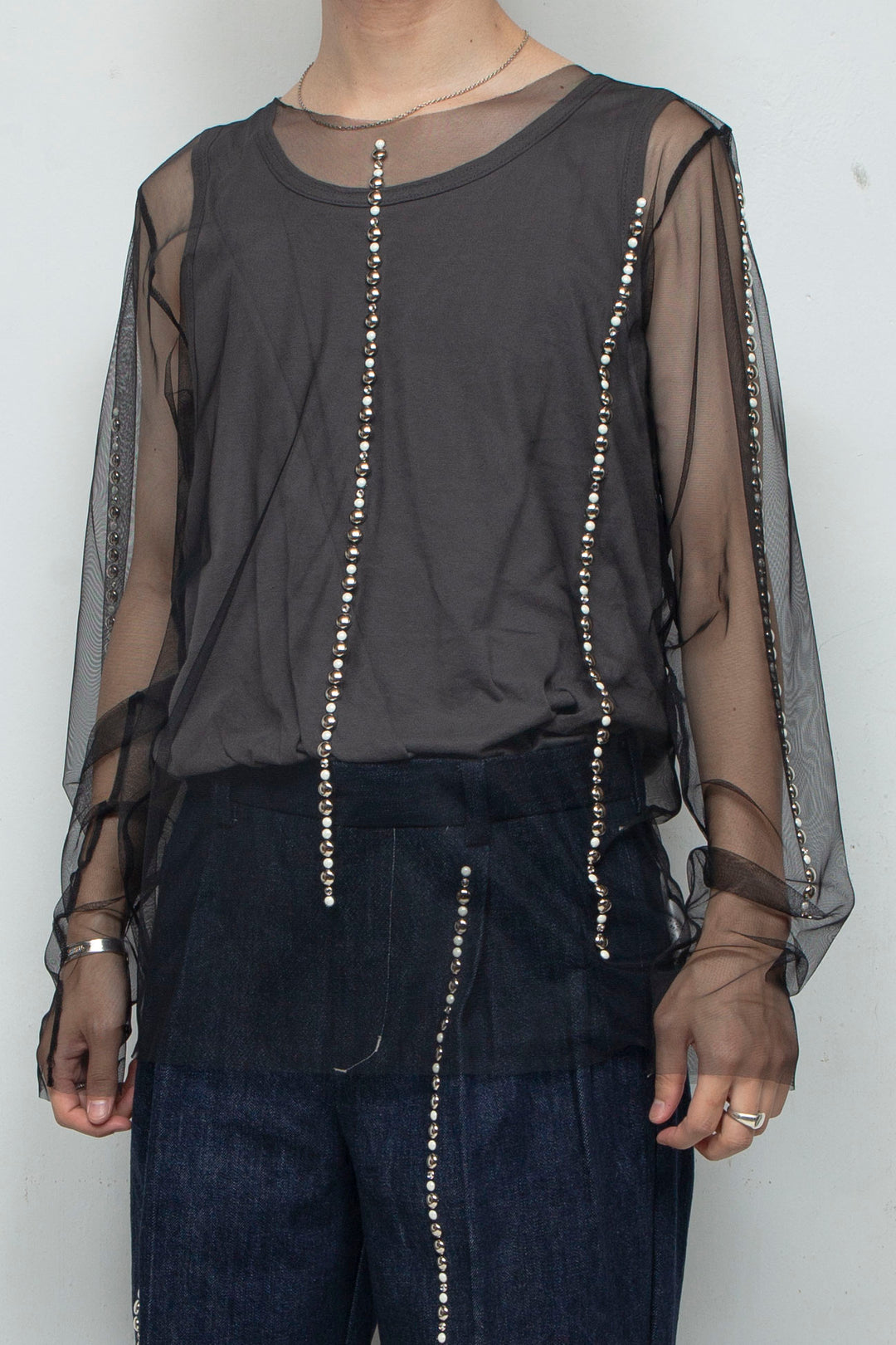 Studs Detail Sheer Tops / BLACK