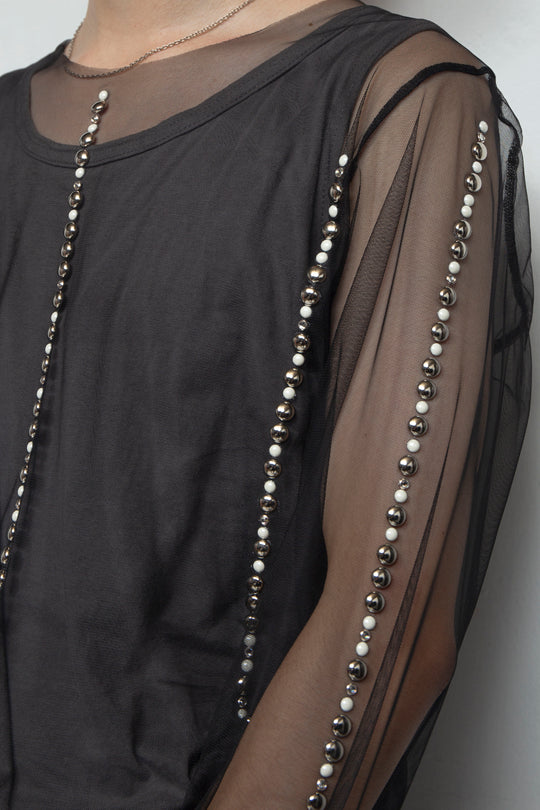 Studs Detail Sheer Tops / BLACK