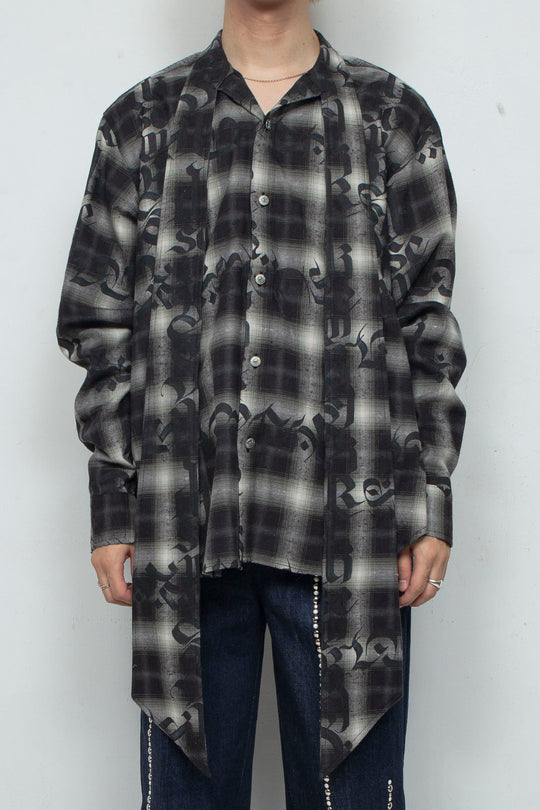 Calligraphy Graphic Bowtie Flannel Shirt / BLACK