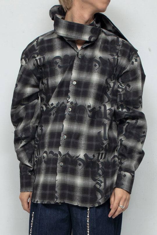 Calligraphy Graphic Bowtie Flannel Shirt / BLACK