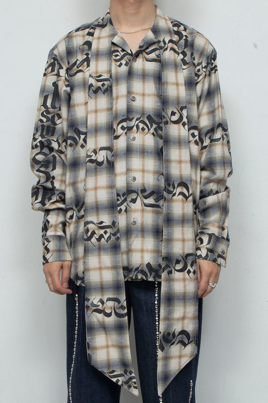 Calligraphy Graphic Bowtie Flannel Shirt / IVORY