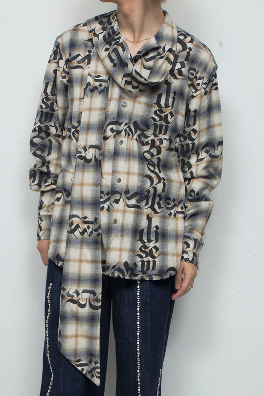 Calligraphy Graphic Bowtie Flannel Shirt / IVORY