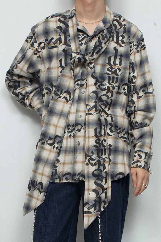 Calligraphy Graphic Bowtie Flannel Shirt / IVORY