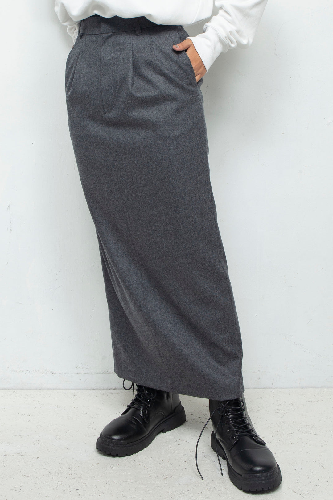 SLACKS DETAIL MAXI LENGTH SKIRT GRAY