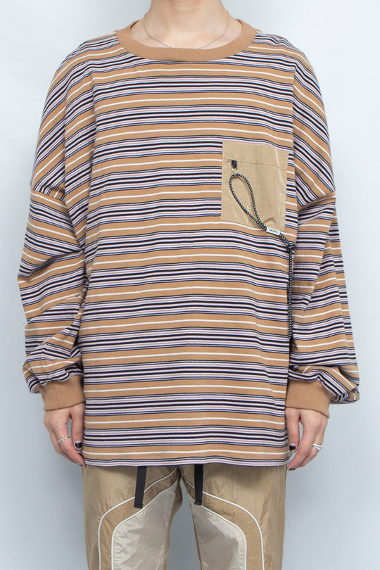 Multi Border Pocket Dolman Tops beige