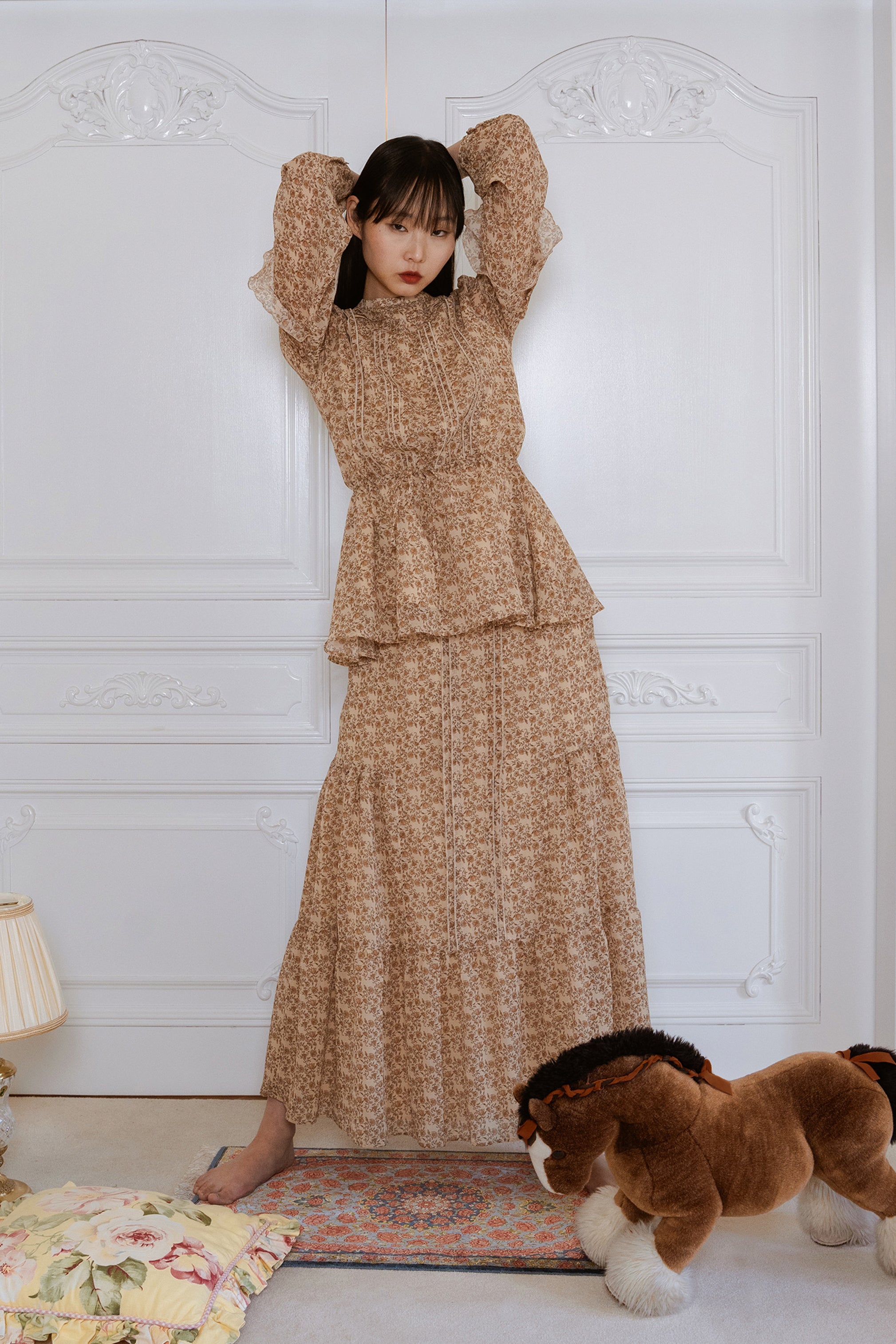 2-WAY CRINKLE TUCK RUFFLE HIGH WAIST MAXI SKIRT (FLORAL)／ritsu