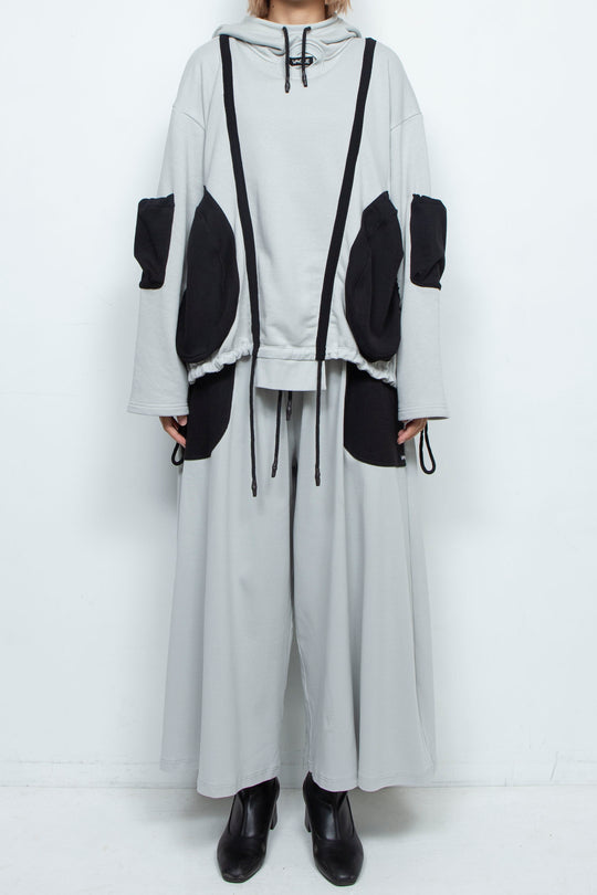 OVERSIZED HOODED GATHERED DRAWSTRINGS GREY SWEATSHIRT