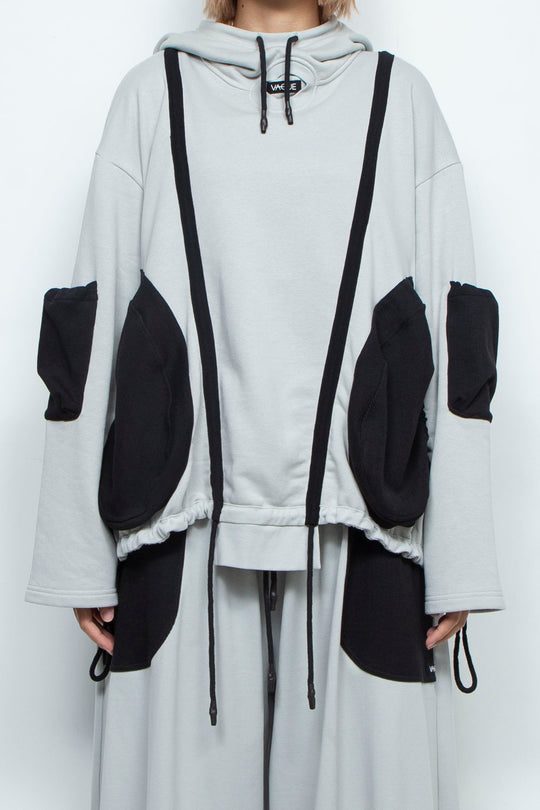 OVERSIZED HOODED GATHERED DRAWSTRINGS GREY SWEATSHIRT