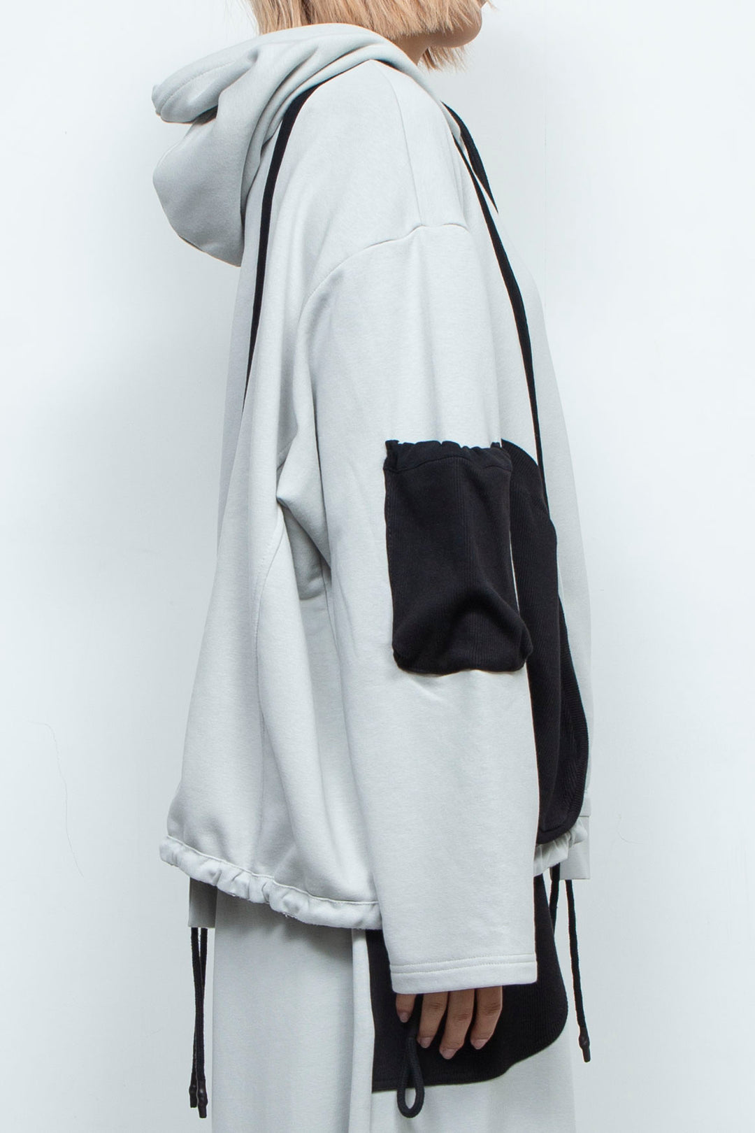 OVERSIZED HOODED GATHERED DRAWSTRINGS GREY SWEATSHIRT