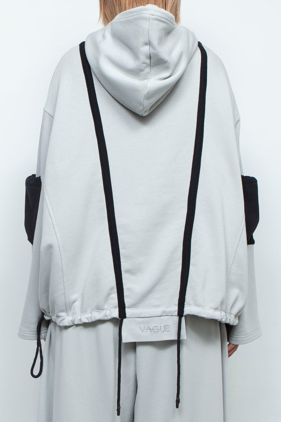 OVERSIZED HOODED GATHERED DRAWSTRINGS GREY SWEATSHIRT