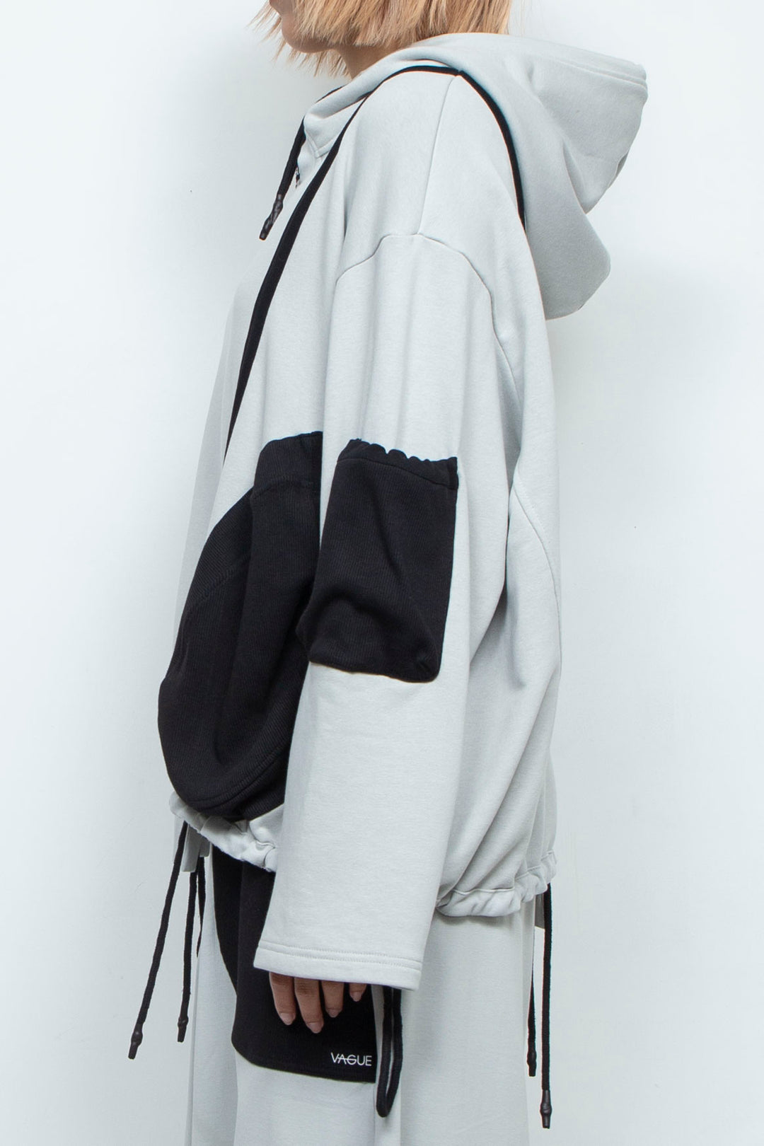 OVERSIZED HOODED GATHERED DRAWSTRINGS GREY SWEATSHIRT