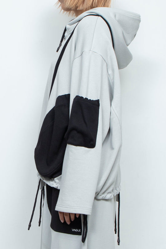 OVERSIZED HOODED GATHERED DRAWSTRINGS GREY SWEATSHIRT