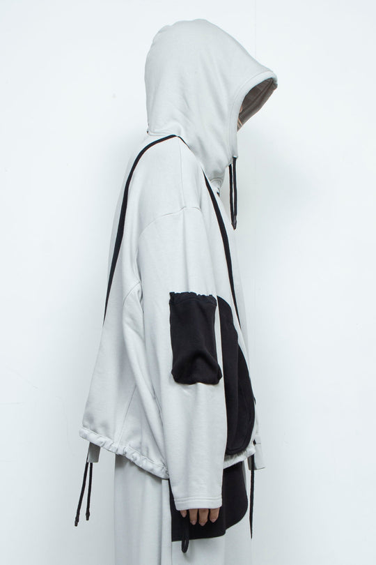 OVERSIZED HOODED GATHERED DRAWSTRINGS GREY SWEATSHIRT