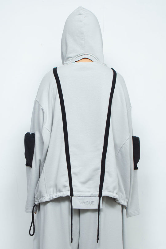 OVERSIZED HOODED GATHERED DRAWSTRINGS GREY SWEATSHIRT
