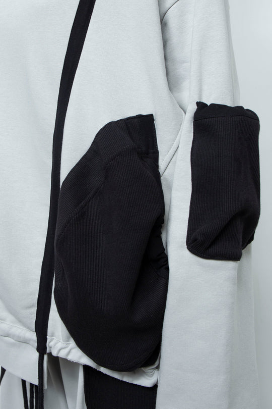 OVERSIZED HOODED GATHERED DRAWSTRINGS GREY SWEATSHIRT