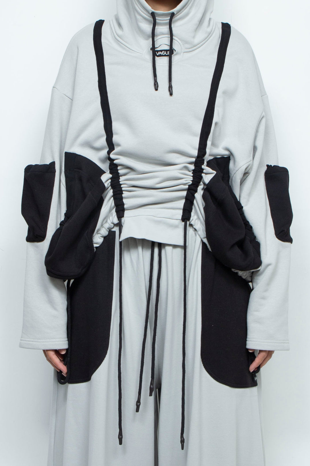 OVERSIZED HOODED GATHERED DRAWSTRINGS GREY SWEATSHIRT