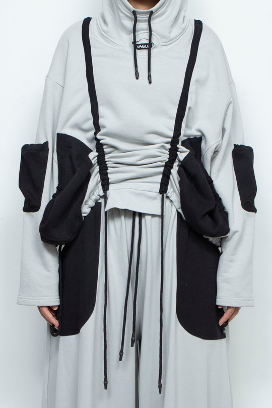 OVERSIZED HOODED GATHERED DRAWSTRINGS GREY SWEATSHIRT