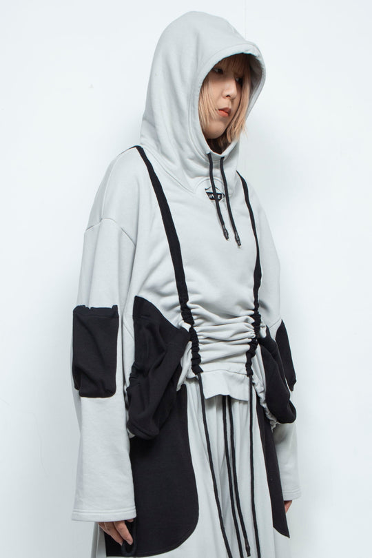 OVERSIZED HOODED GATHERED DRAWSTRINGS GREY SWEATSHIRT