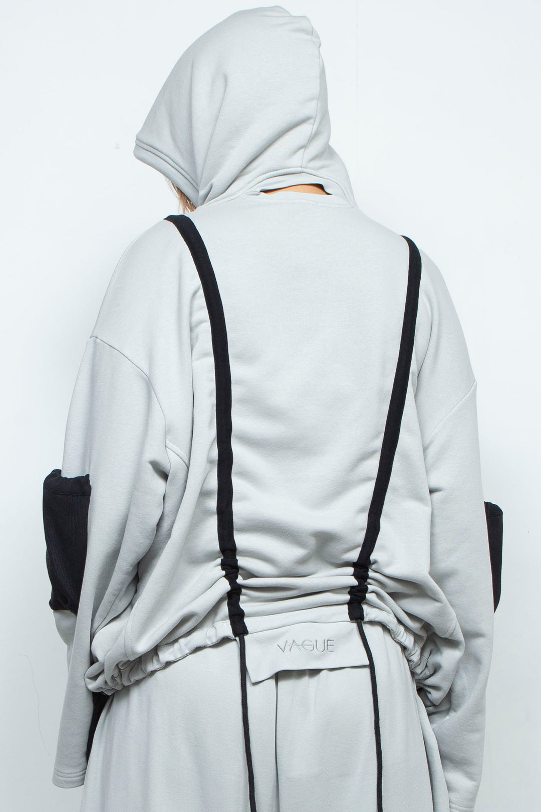 OVERSIZED HOODED GATHERED DRAWSTRINGS GREY SWEATSHIRT
