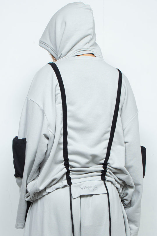 OVERSIZED HOODED GATHERED DRAWSTRINGS GREY SWEATSHIRT