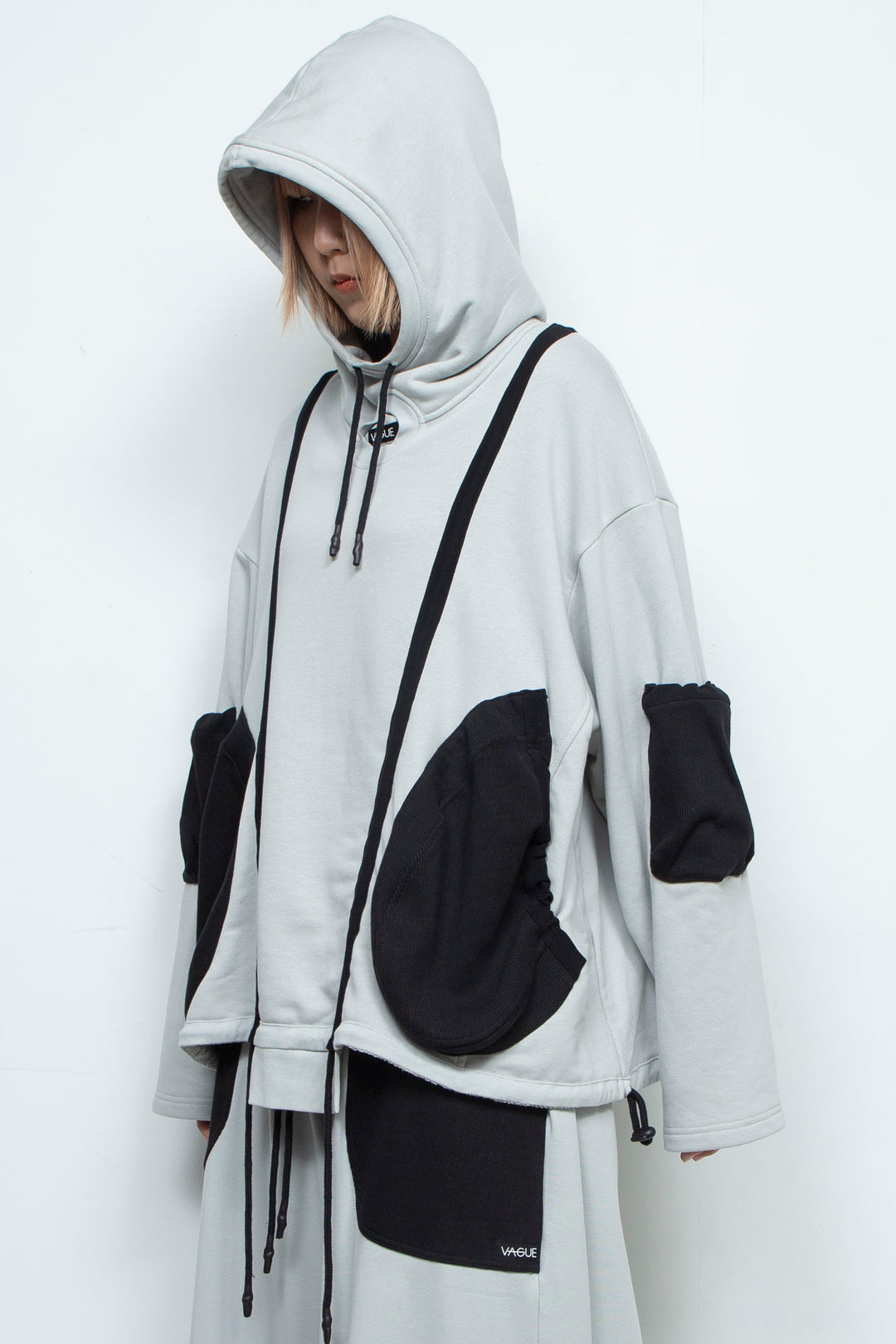 OVERSIZED HOODED GATHERED DRAWSTRINGS GREY SWEATSHIRT
