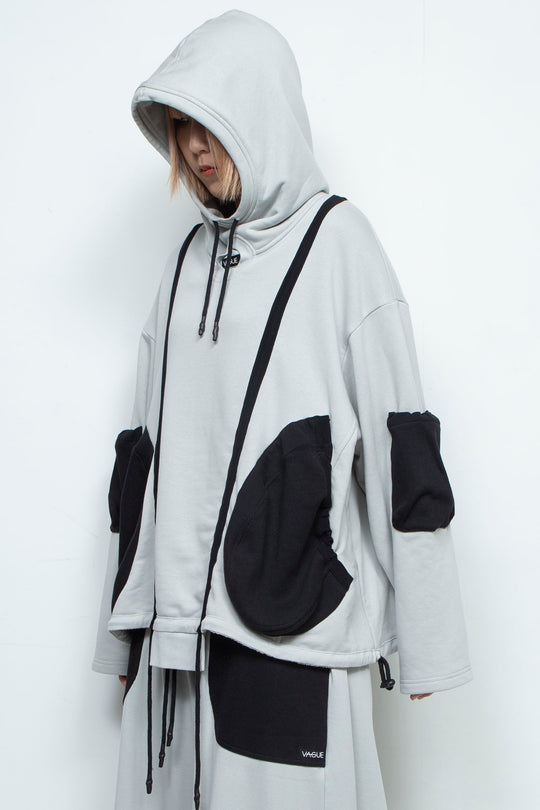 OVERSIZED HOODED GATHERED DRAWSTRINGS GREY SWEATSHIRT