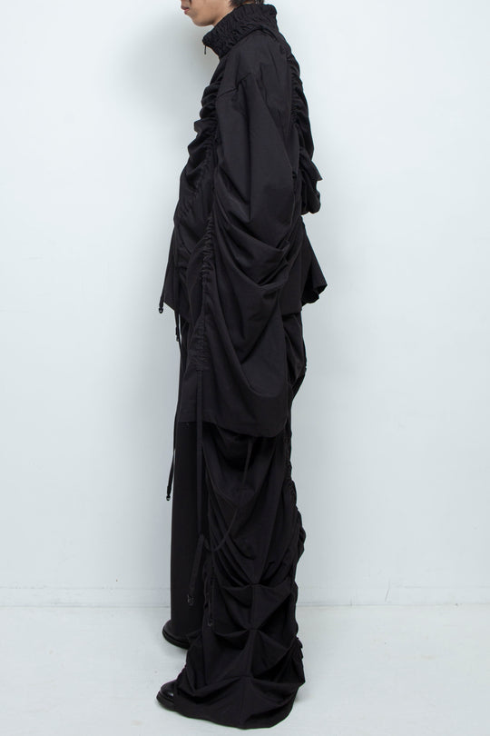BLACK OVERSIZED GATHERED DRAWSTRINGS ZIP UP JACKET