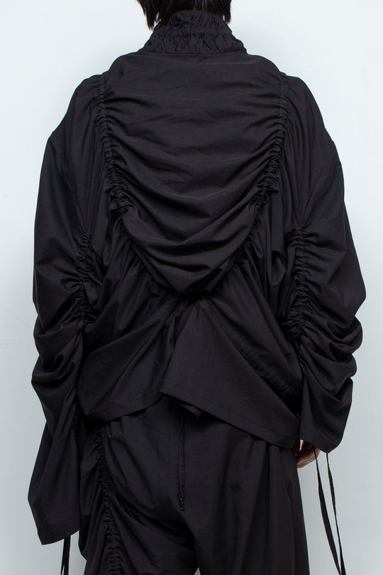 BLACK OVERSIZED GATHERED DRAWSTRINGS ZIP UP JACKET