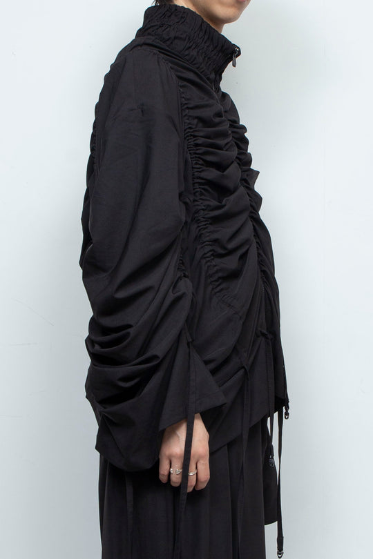 BLACK OVERSIZED GATHERED DRAWSTRINGS ZIP UP JACKET