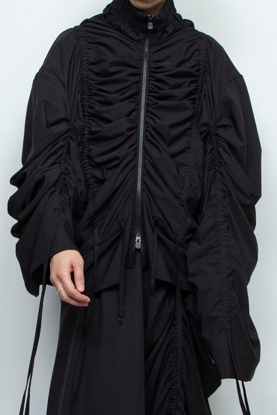 BLACK OVERSIZED GATHERED DRAWSTRINGS ZIP UP JACKET