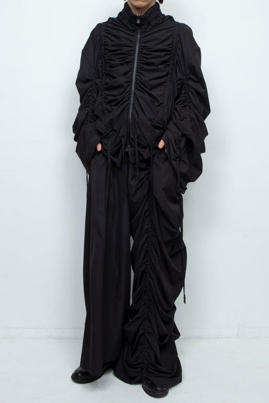 BLACK OVERSIZED GATHERED DRAWSTRINGS ZIP UP JACKET