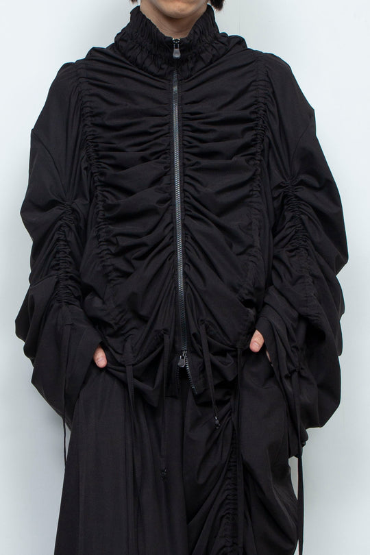BLACK OVERSIZED GATHERED DRAWSTRINGS ZIP UP JACKET