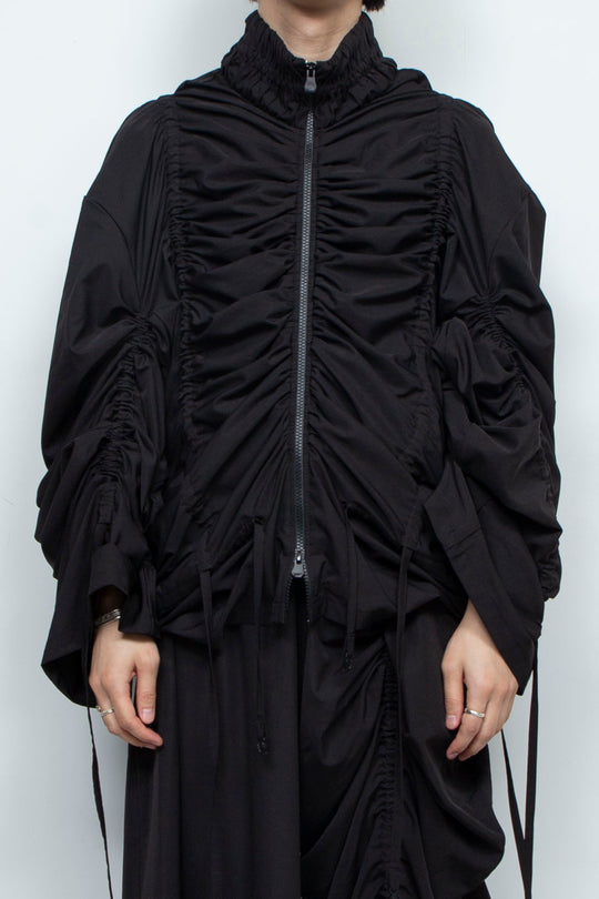 BLACK OVERSIZED GATHERED DRAWSTRINGS ZIP UP JACKET