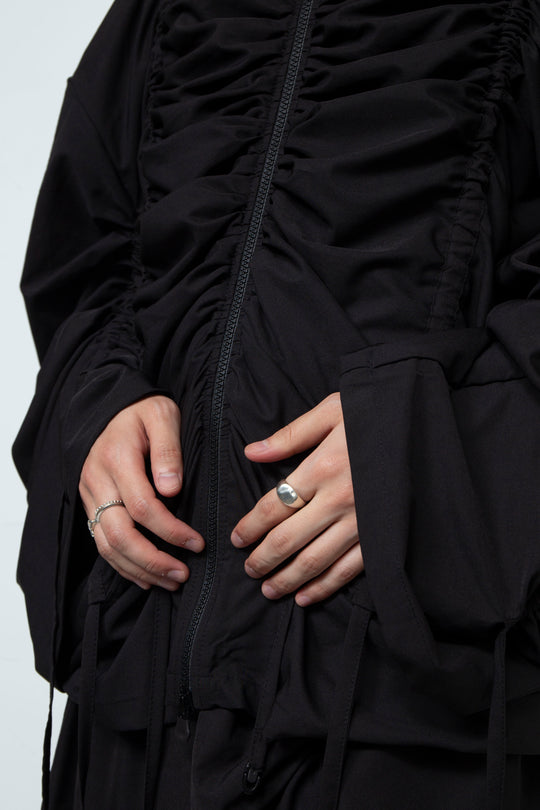 BLACK OVERSIZED GATHERED DRAWSTRINGS ZIP UP JACKET