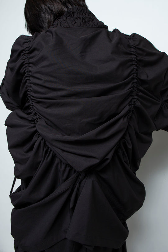 BLACK OVERSIZED GATHERED DRAWSTRINGS ZIP UP JACKET